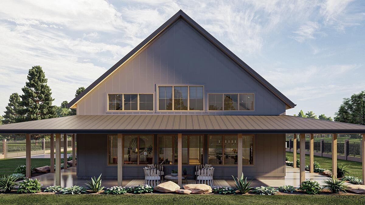 1 Story Barndominium Style House Plan With Massive Wrap Around Porch 