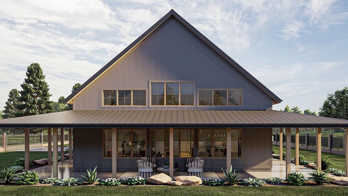 1 Story Barndominium Style House Plan With Massive Wrap Around Porch