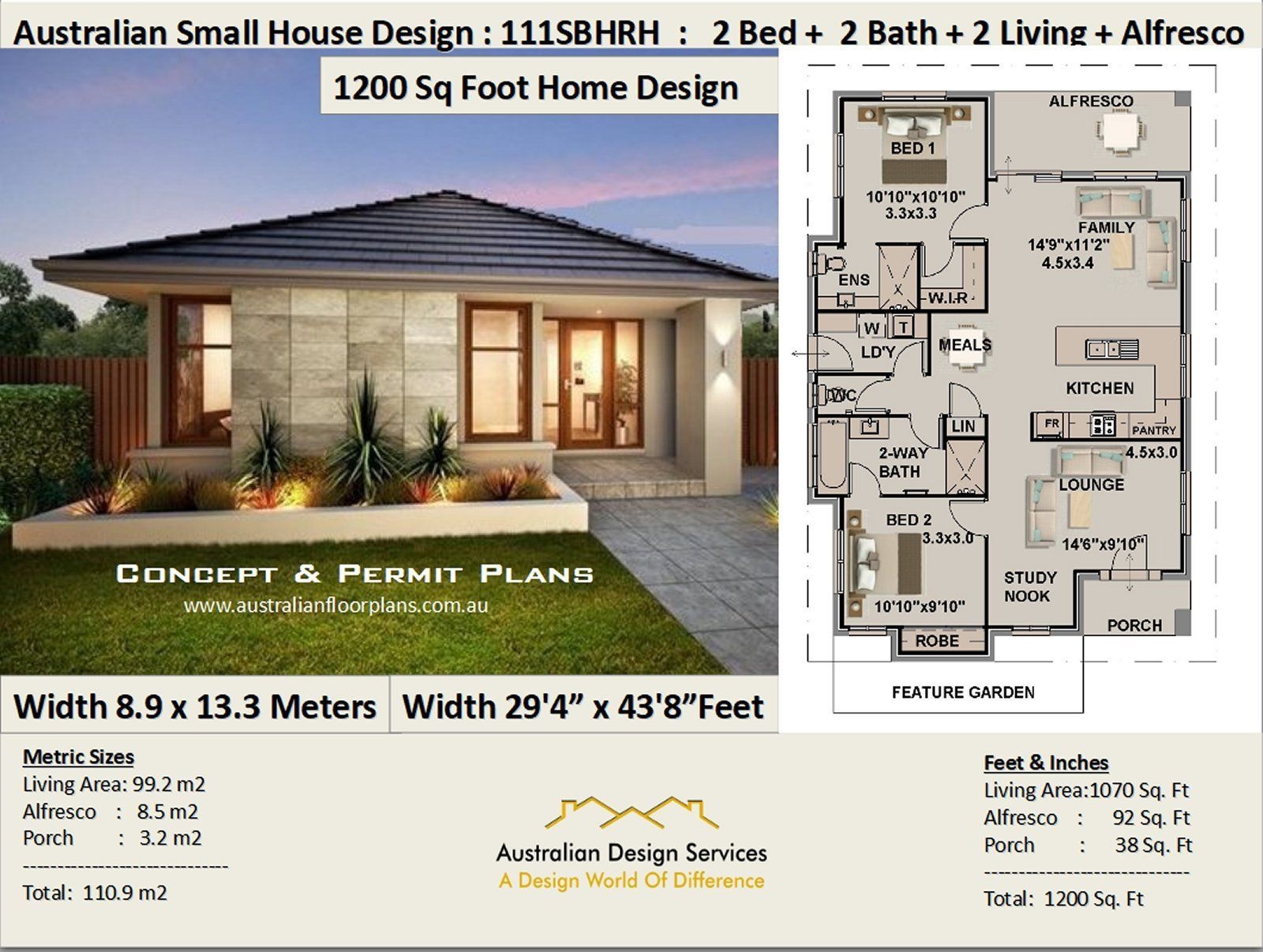 1200 Sq Foot House Plan Or 110 9 M2 2 Bedroom 2 Bathroom House 