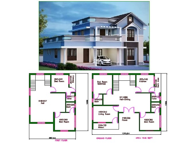 1500 Sq Ft House Plan With Car Parking DWG And 3d Max File Cadbull