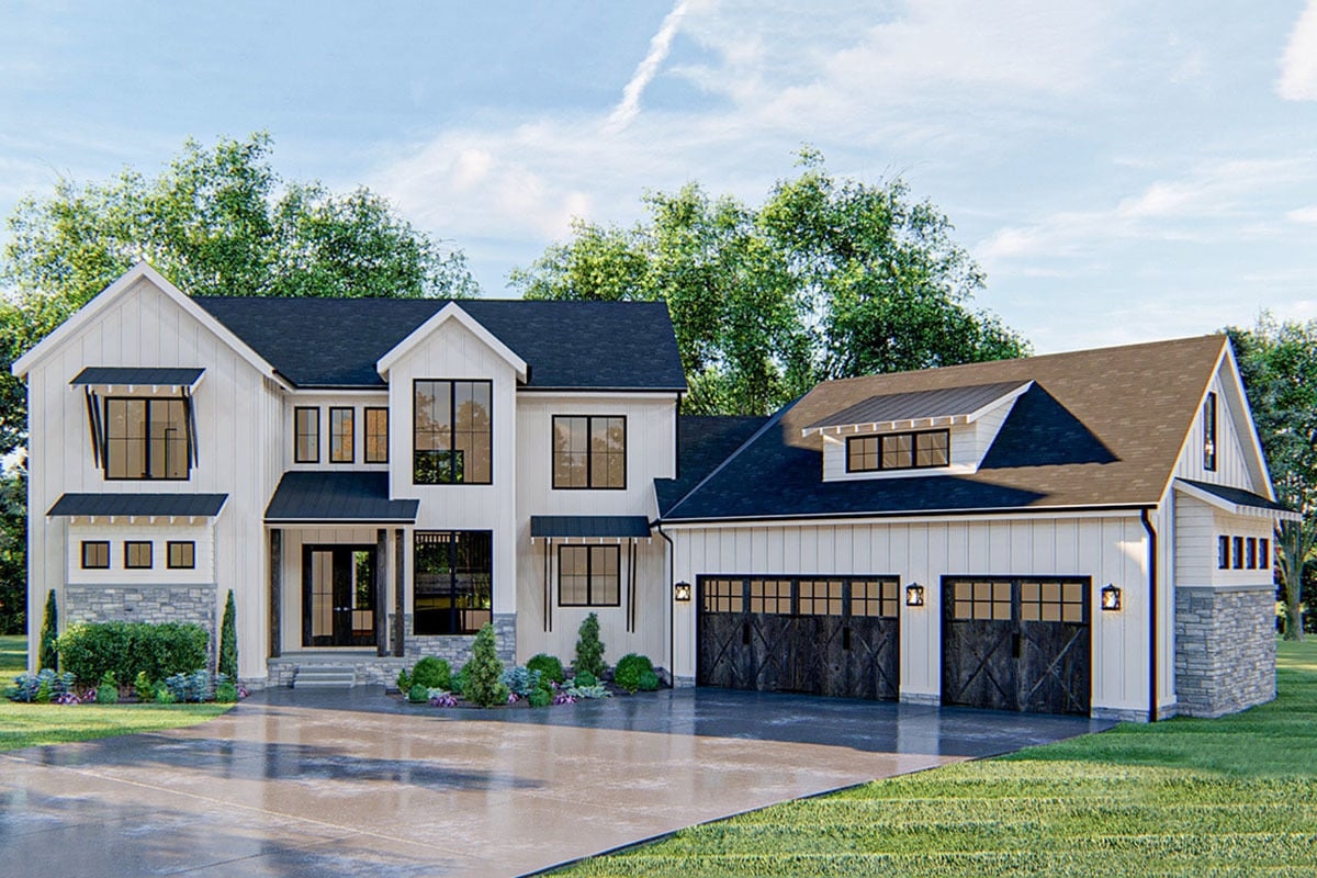 2 Story 3 Bedroom Modern Farmhouse With Angled 3 Car Garage House Plan 