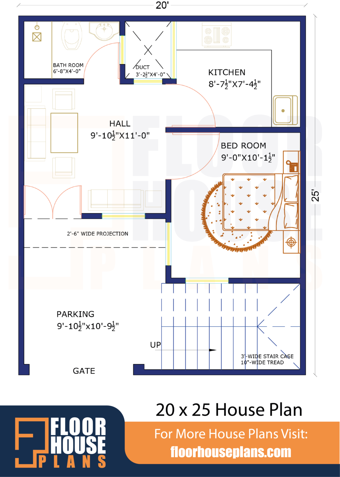 20 X 25 House Plan 1bhk 500 Square Feet Floor Plan