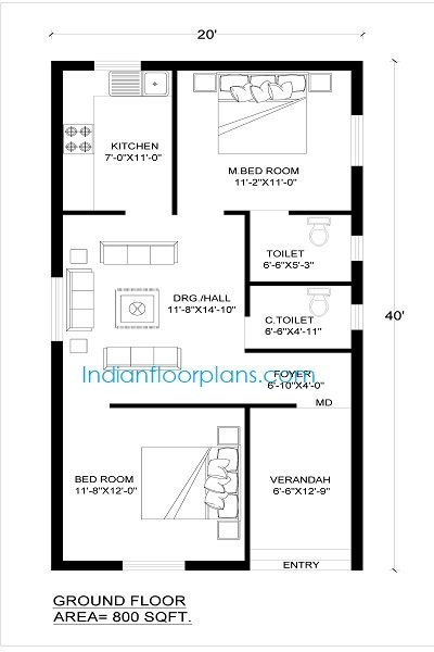 20 X 40 House Plan 20x40 House Plans With 2 Bedrooms Indian Floor Plans
