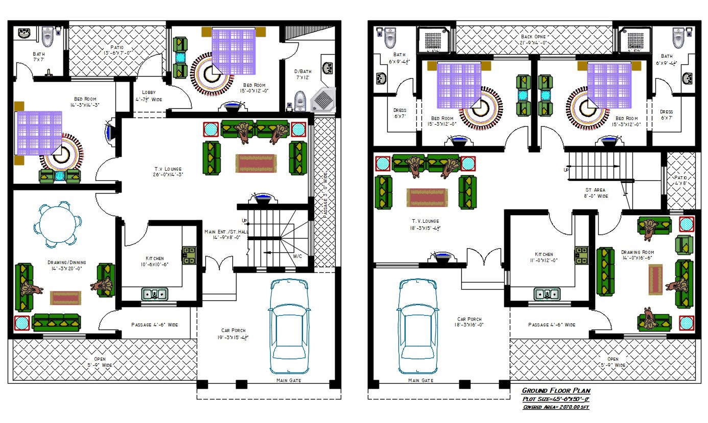 2000 SQ FT House Plans With 2 Different Option In AutoCAD Drawing Cadbull