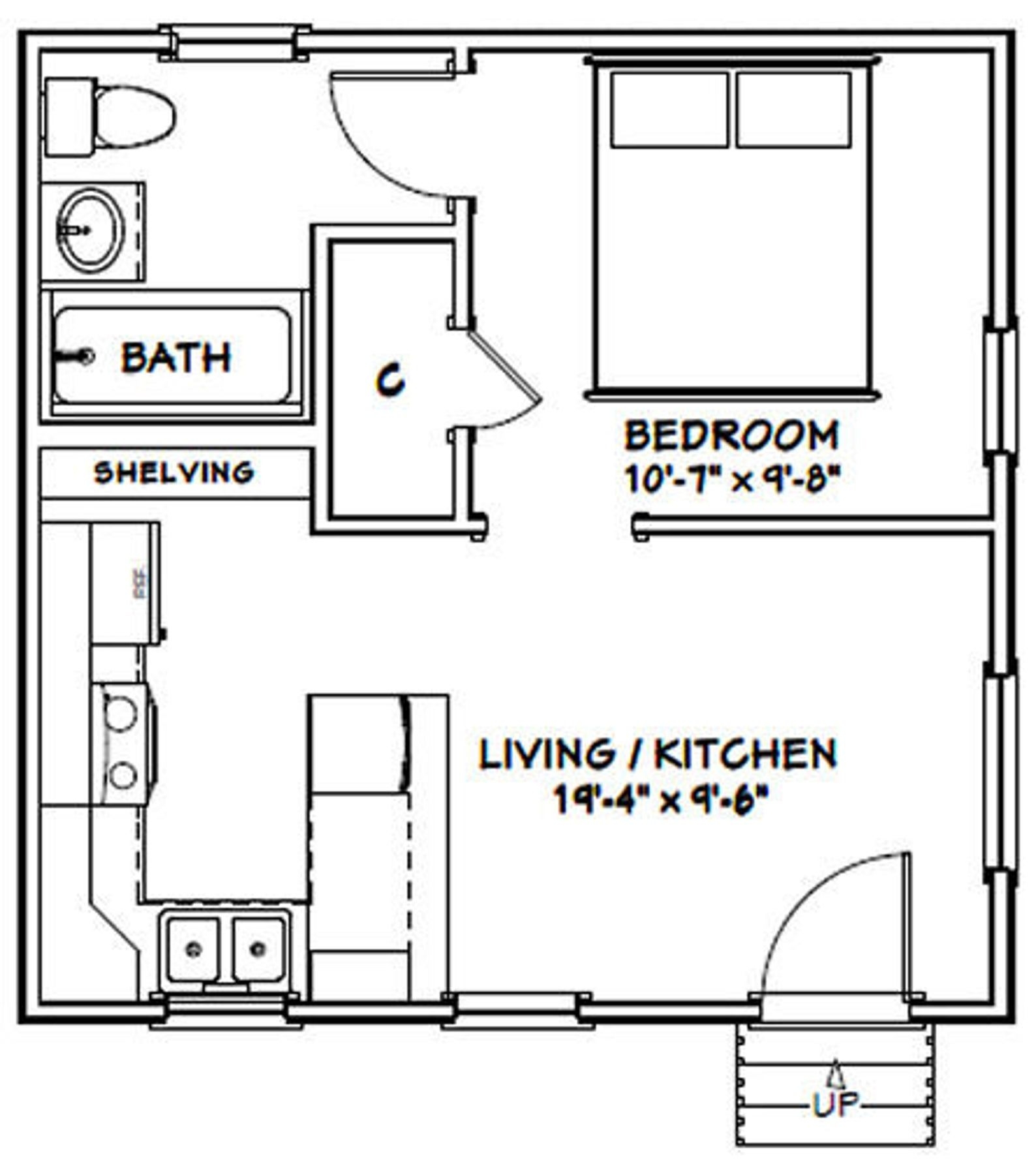 20x20 Tiny House 1 bedroom 1 bath 400 Sq Ft PDF Floor Plan Instant 