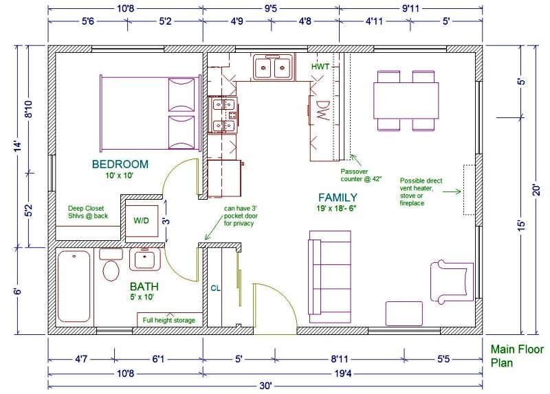 20x30 Single Story Floor Plan One Bedroom Small House Plan Move The