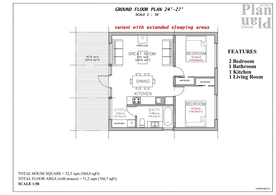 24x24 House 2 Bedroom 1 5 Bath PDF Floor Plan 24 X Etsy