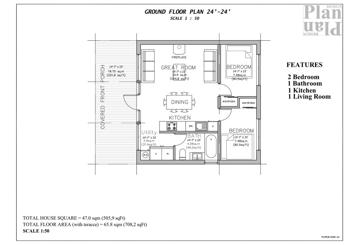 24x24 House 2 Bedroom 1 5 Bath PDF Floor Plan 24 X Etsy