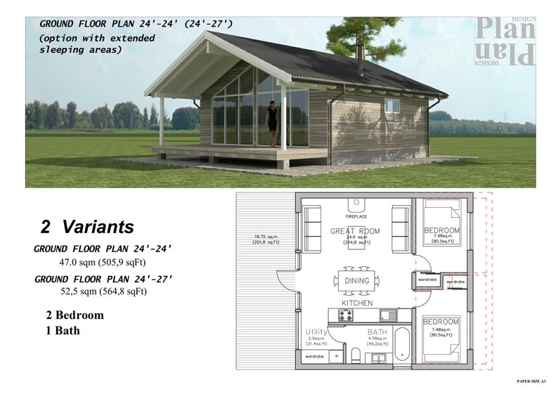 24x24 House 2 Bedroom 1 5 Bath PDF Floor Plan 24 X Etsy