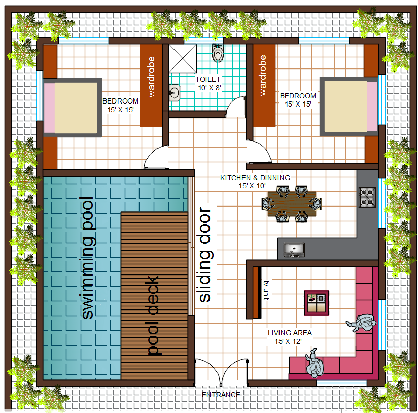 2500 Sqft House Plan With Swimming Pool Design DWG File Cadbull