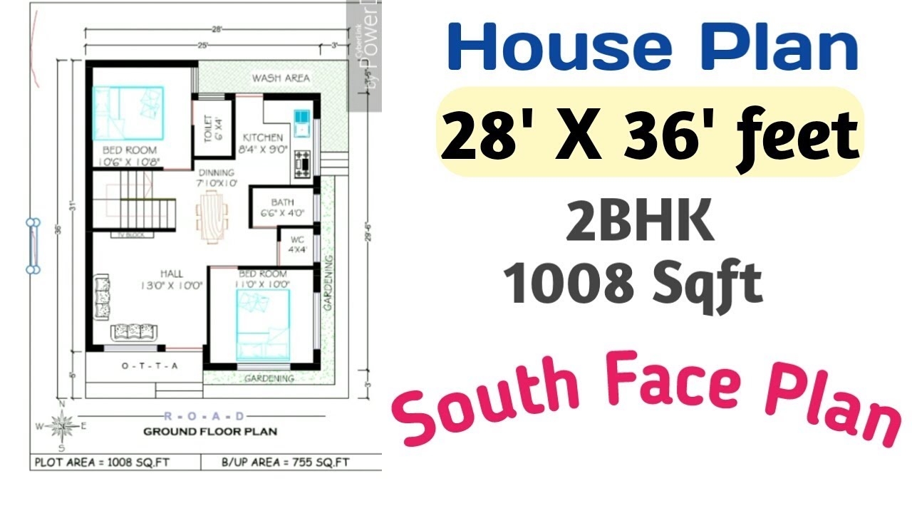 28 X 36 House Plan 2bhk 28 X 36 South Face House Plan 28 36 