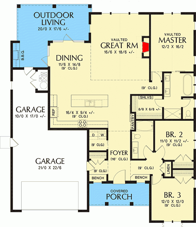 3 Bed New American House Plan With Vaulted Great Room 1878 Sq Ft 