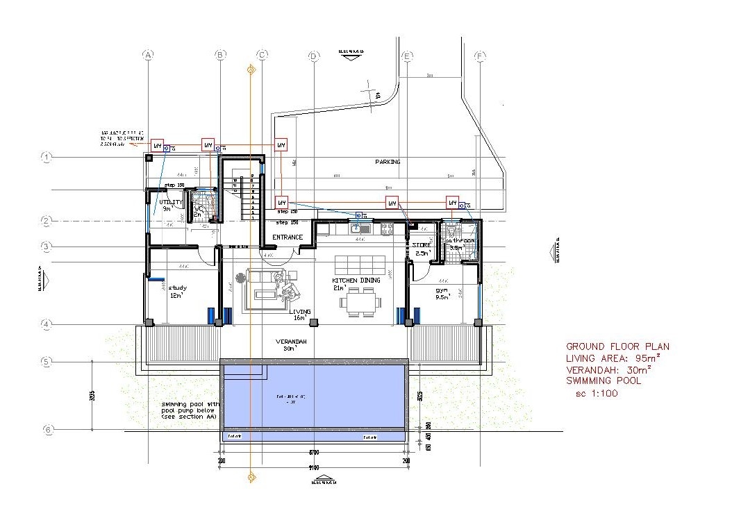 3 Bedroom 3 5 Bath 2 Level House With Swimming Pool CAD Files DWG 