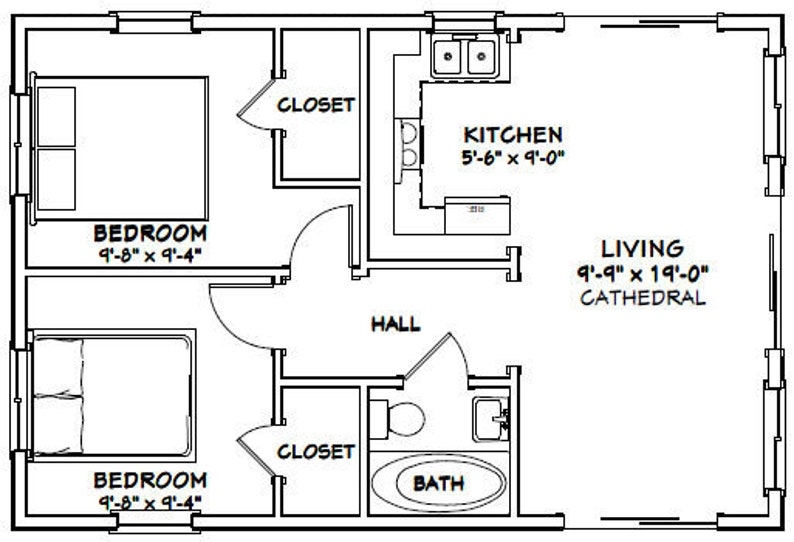 30x20 House 2 bedroom 1 bath 600 Sq Ft PDF Floor Plan Etsy