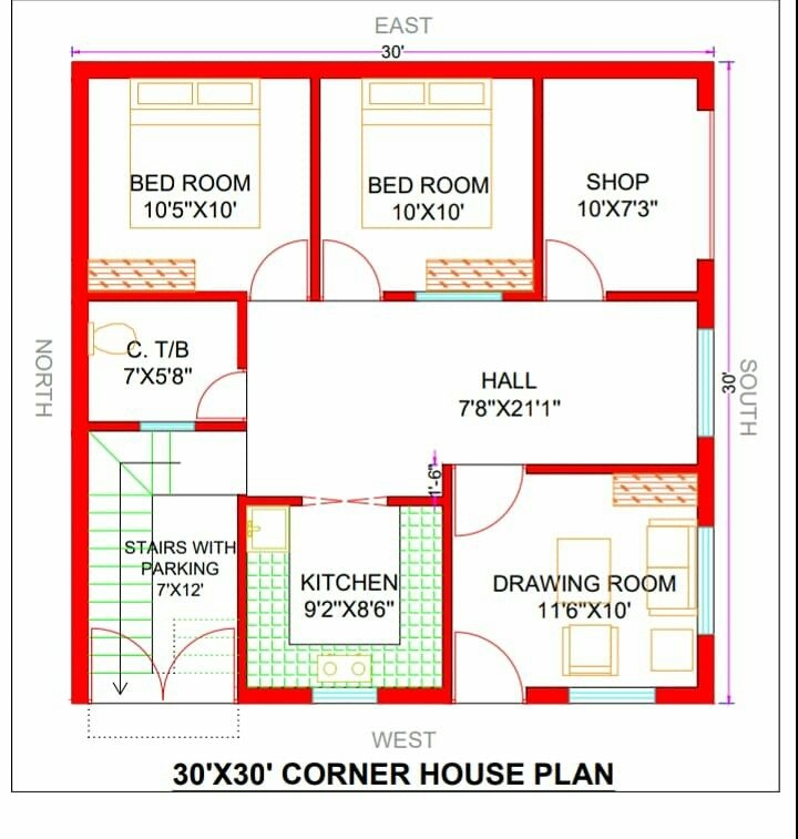 30x30 Corner House Plan 30 By 30 Corner Plot Ka Naksha 900 Sq Ft 
