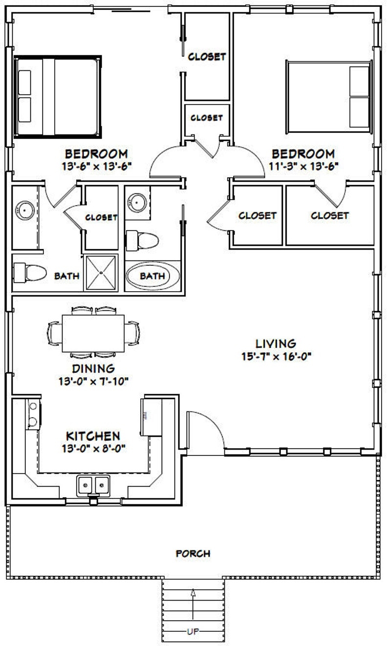 30x40 House 2 bedroom 2 bath 1 136 Sq Ft PDF Floor Plan Instant