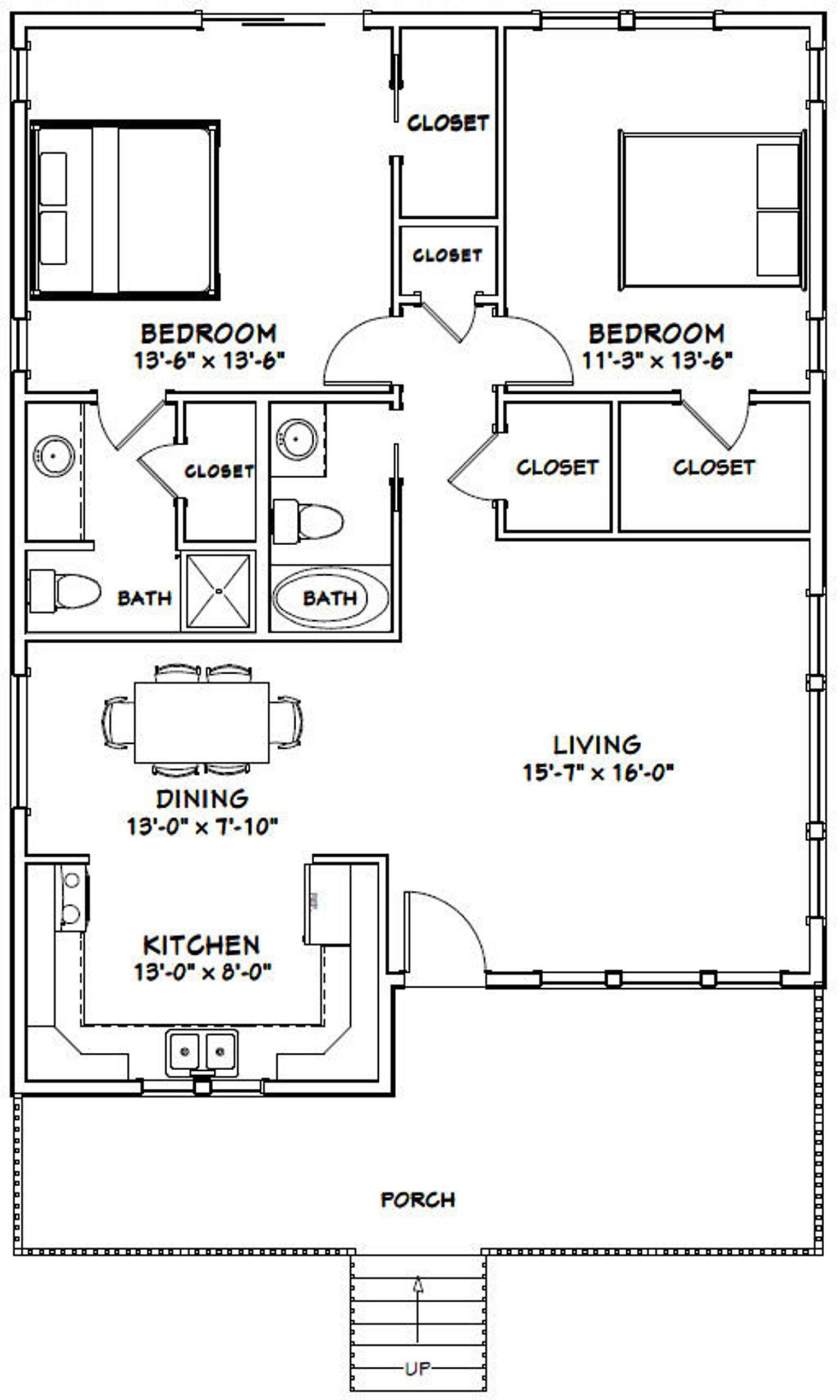 30x40 House 2 Bedroom 2 Bath 1136 Sq Ft PDF Floor Etsy 30x40 House 