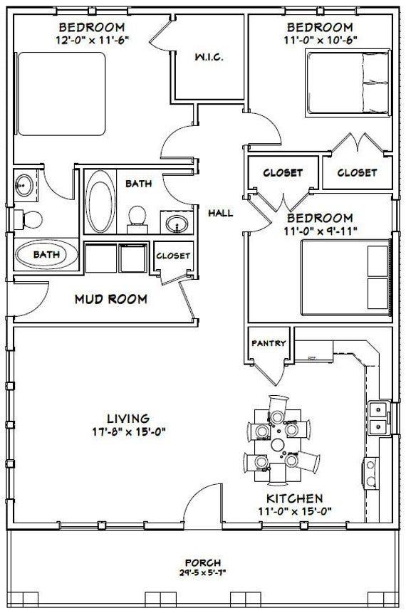 30x40 House 3 bedroom 2 bath 1 200 Sq Ft PDF Floor Plan Instant 