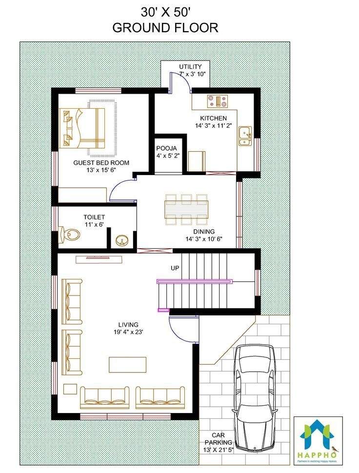 30X50 Floor Plan 3 Bedroom House Plan 032 Small House Plans