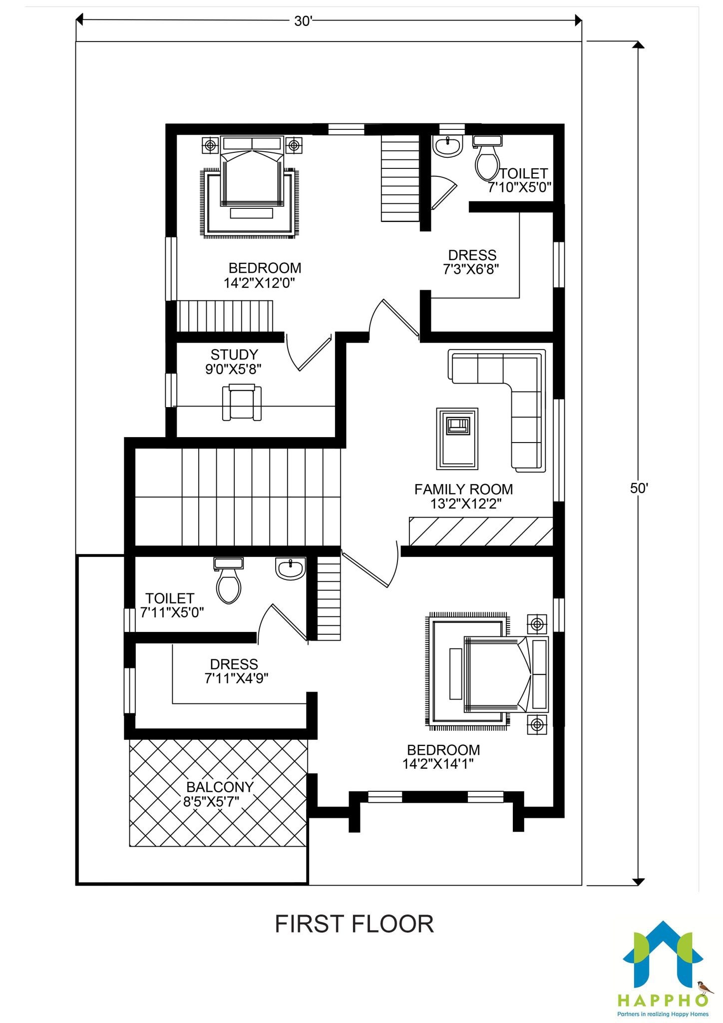 30X50 Floor Plan Design 3 BHK Plan 038 Happho