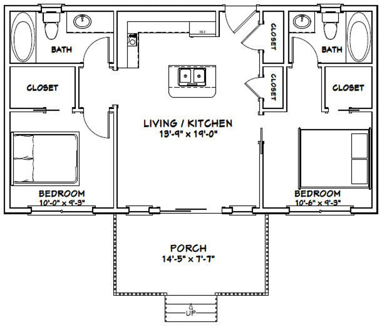 36x20 House 2 Bedroom 2 Bath 720 Sq Ft PDF Floor Plan Etsy House