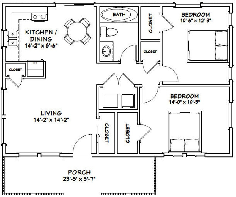 36x24 House 2 bedroom 1 bath 864 Sq Ft PDF Floor Plan Etsy