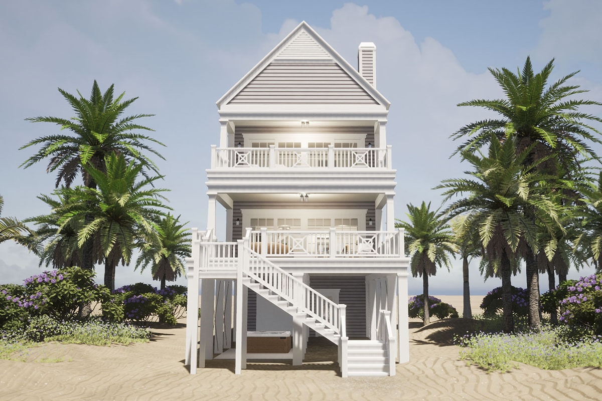 5 Bed Beach House Plan On Pilings With Elevator And Two Laundry Rooms
