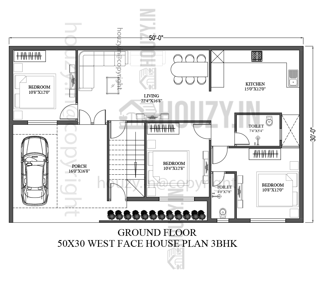 50 X 30 House Plans West Facing 3BHK Ground Floor Plan HOUZY IN