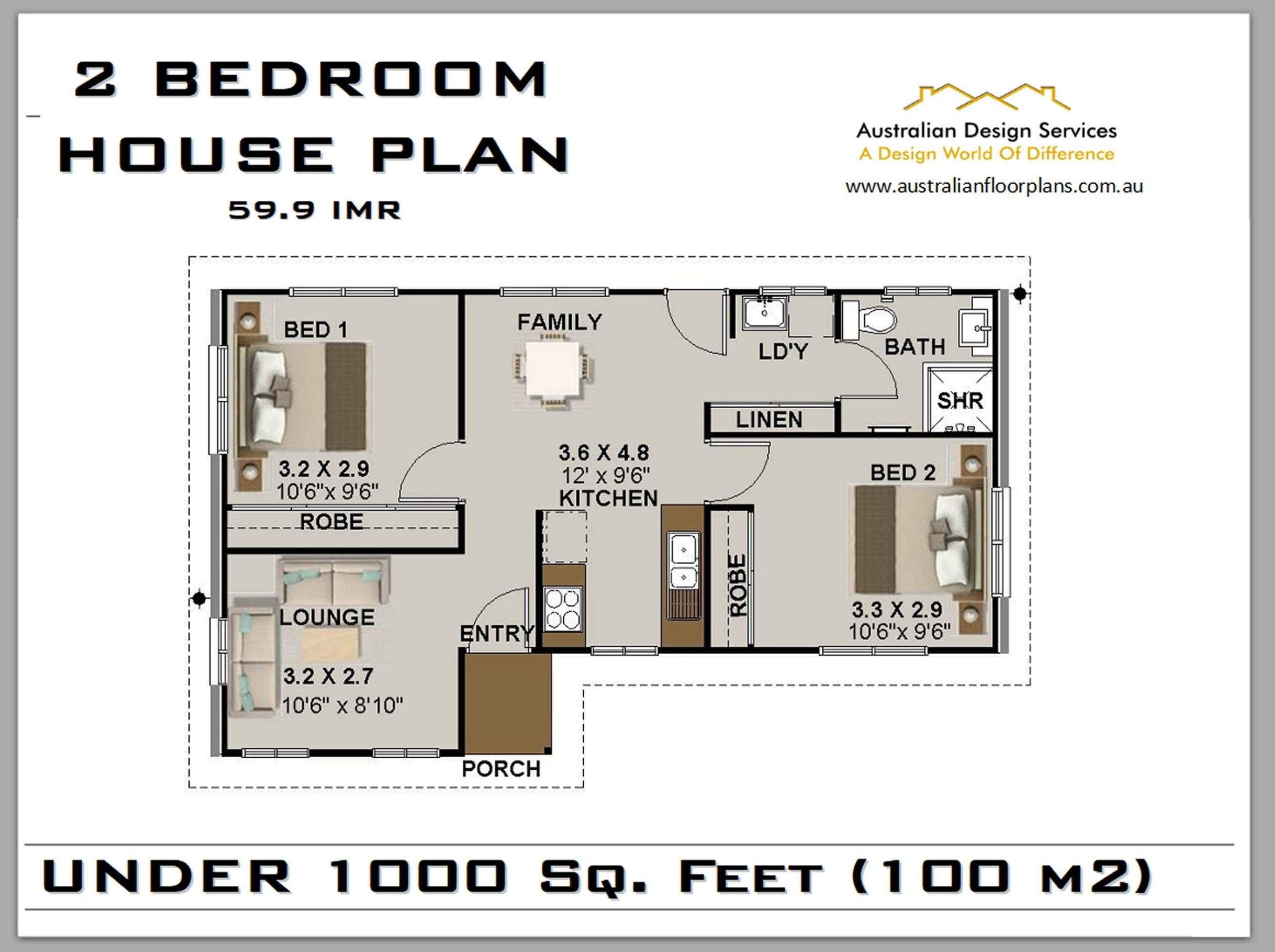 59 9 IMR House Plan Under 1000 Sq Foot 2 Bedroom House Plan 2 Bedroom