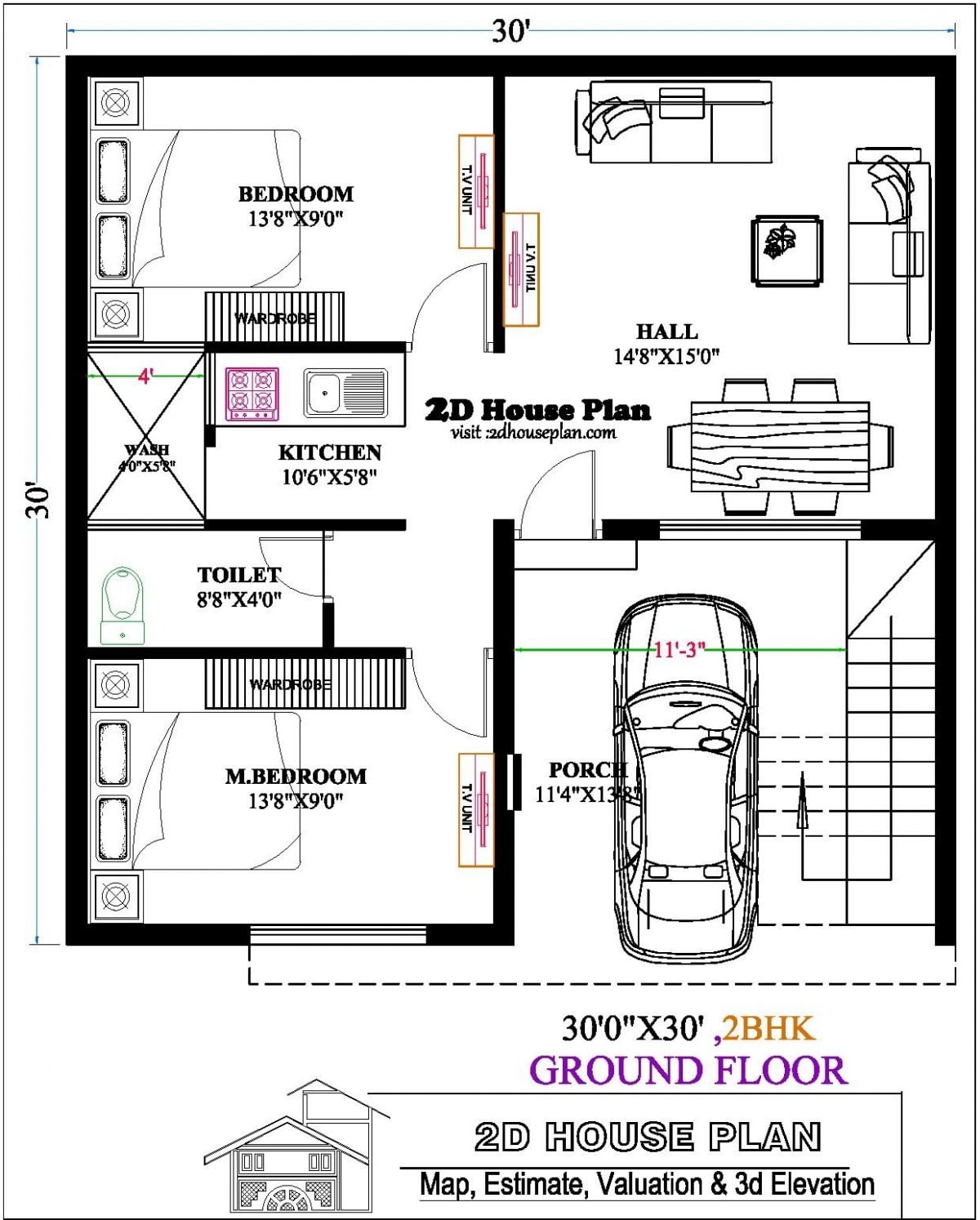 900 Sq Ft House Plans 2 Bedroom Best 2 30 X30 House Plans