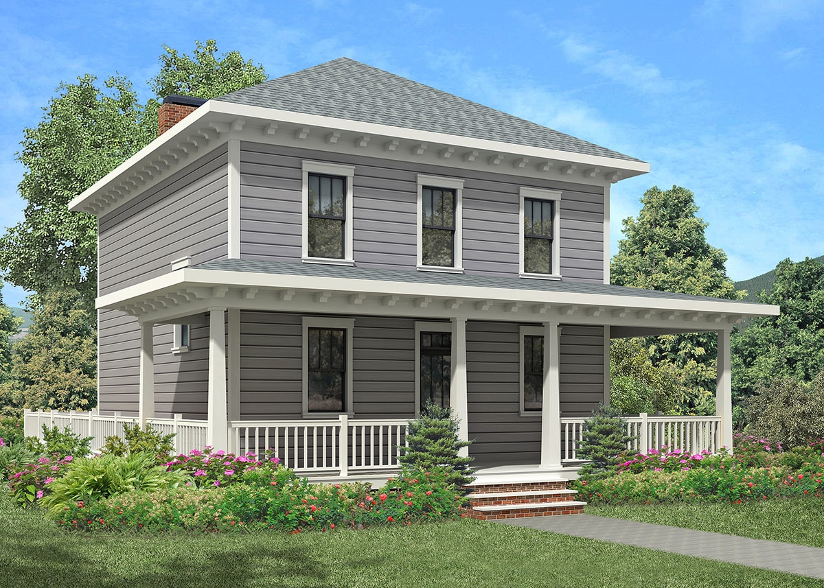 Four Square House Plan With Wraparound Porch 92053VS Architectural 