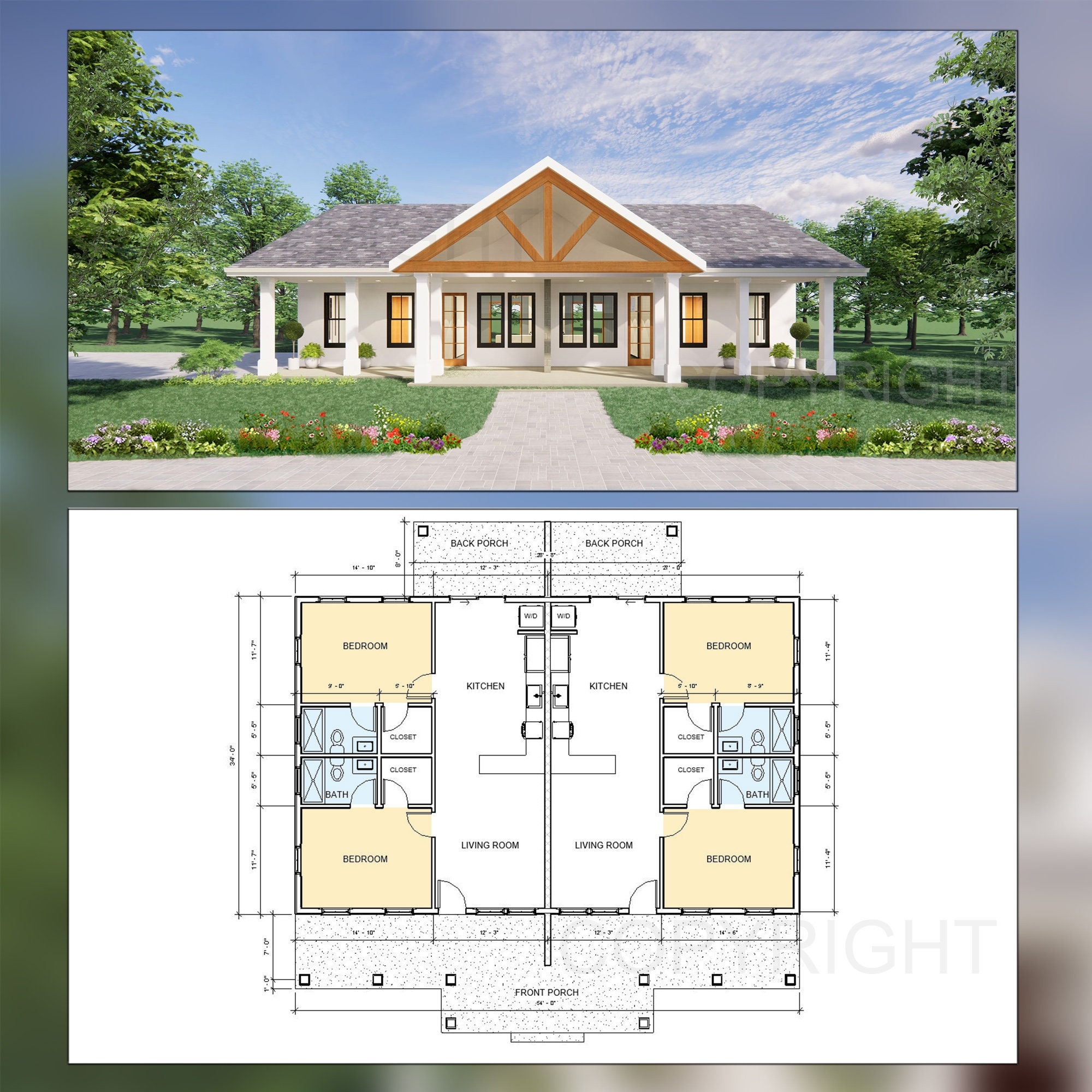 Gable Truss Duplex House Plan Design 1820 SF Modern Spacious