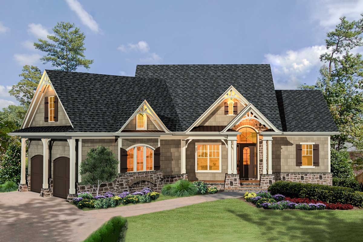 Gabled 3 Bedroom Craftsman Ranch Home Plan With Angled Garage 15884GE