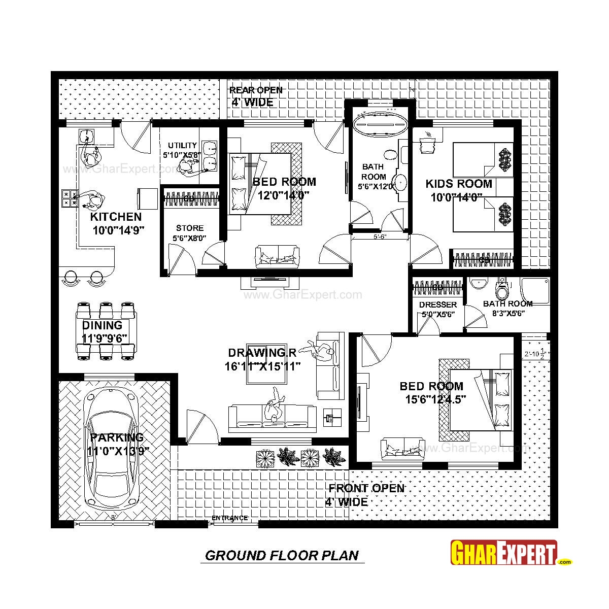 House Plan For 50 Feet By 45 Feet Plot Plot Size 250 Square Yards 