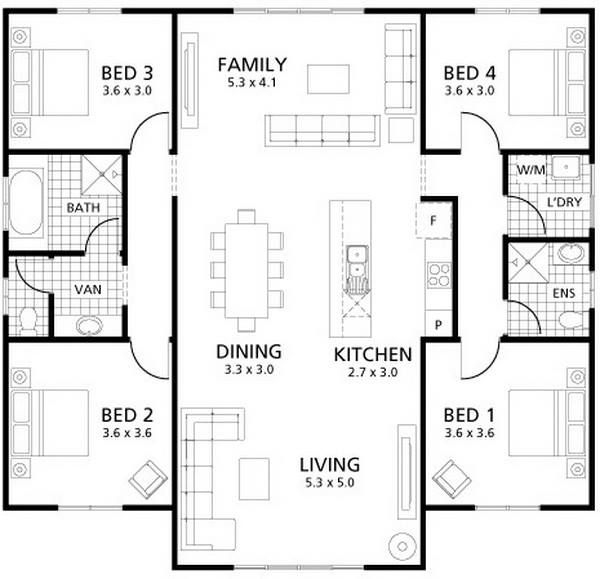 Minimalist Single Story House Plan With Four Bedrooms And Two Bathrooms 