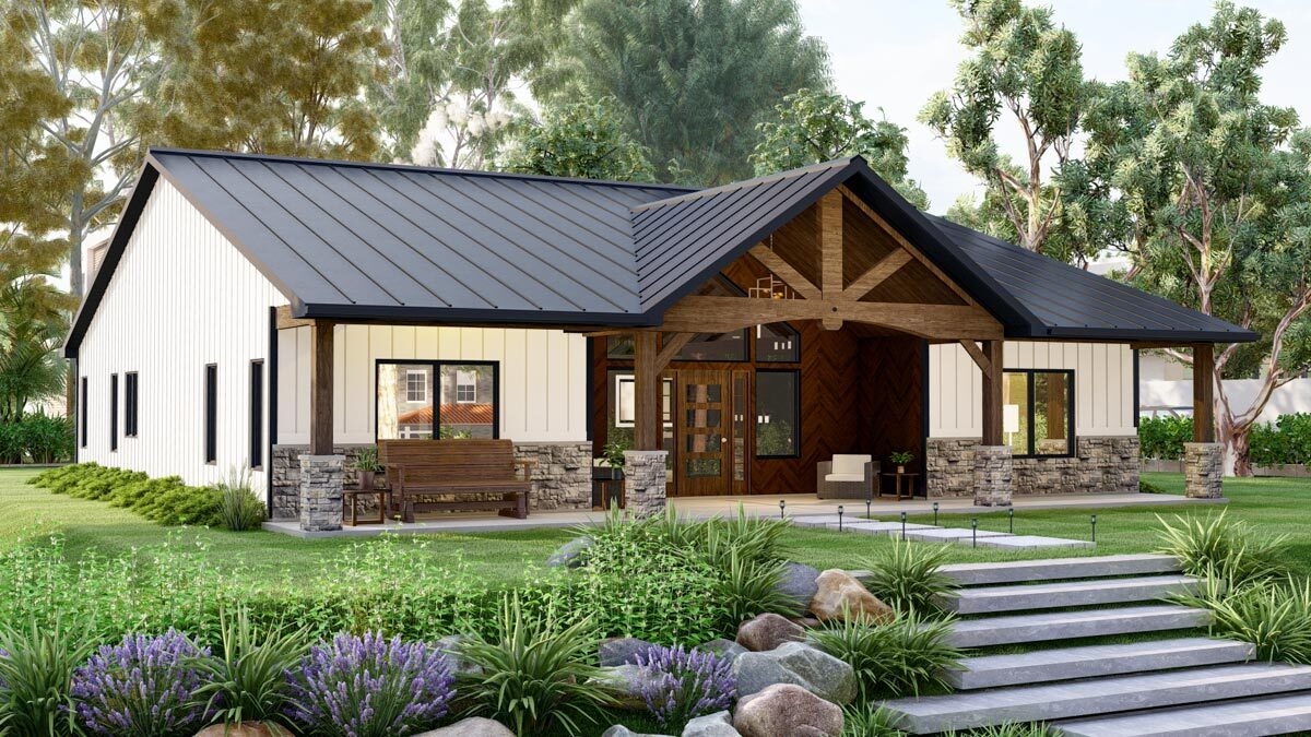 One Story Country Craftsman House Plan With Vaulted Great Room
