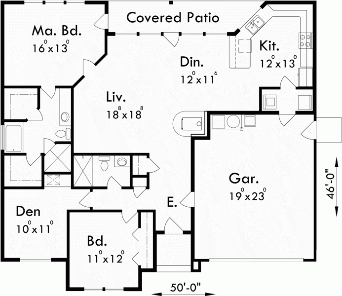 One Story House Plans 50 Wide House Plans 9921