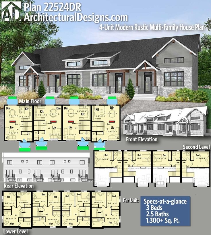 Plan 22524DR 4 Unit Modern Rustic Multi Family House Plan Family 