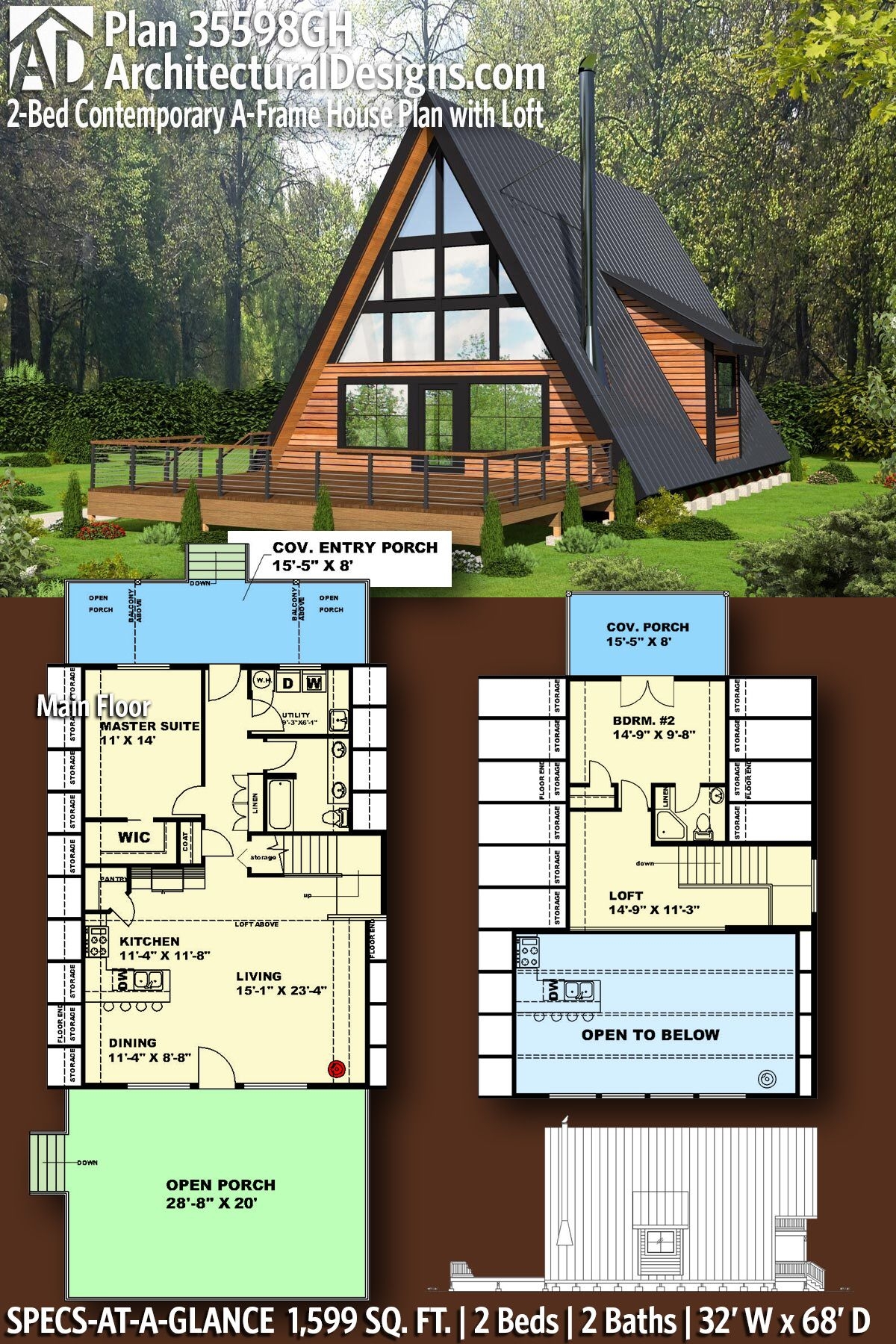 Plan 35598gh 2 Bed Contemporary A Frame House Plan With Loft Artofit