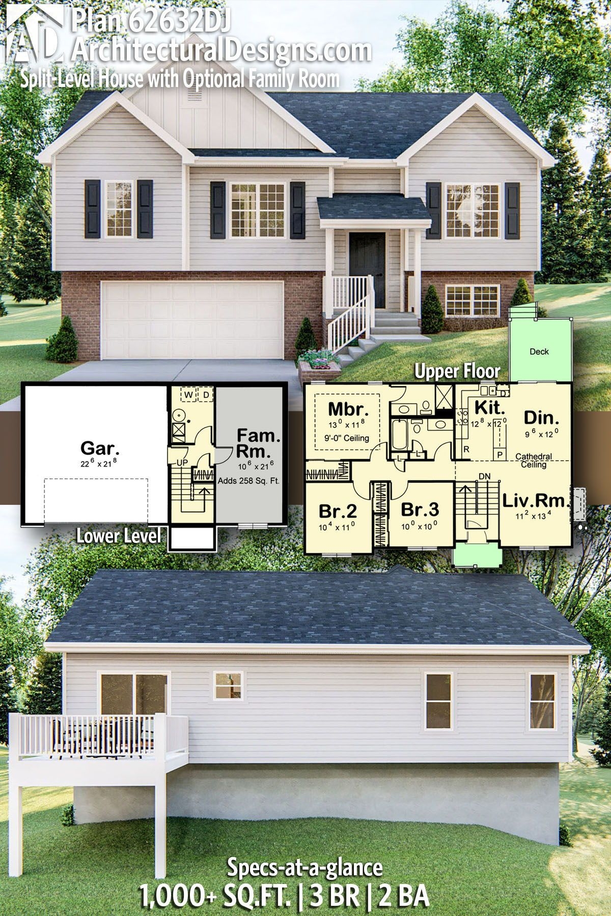 Plan 62632DJ Split Level House With Optional Family Room Sloping Lot