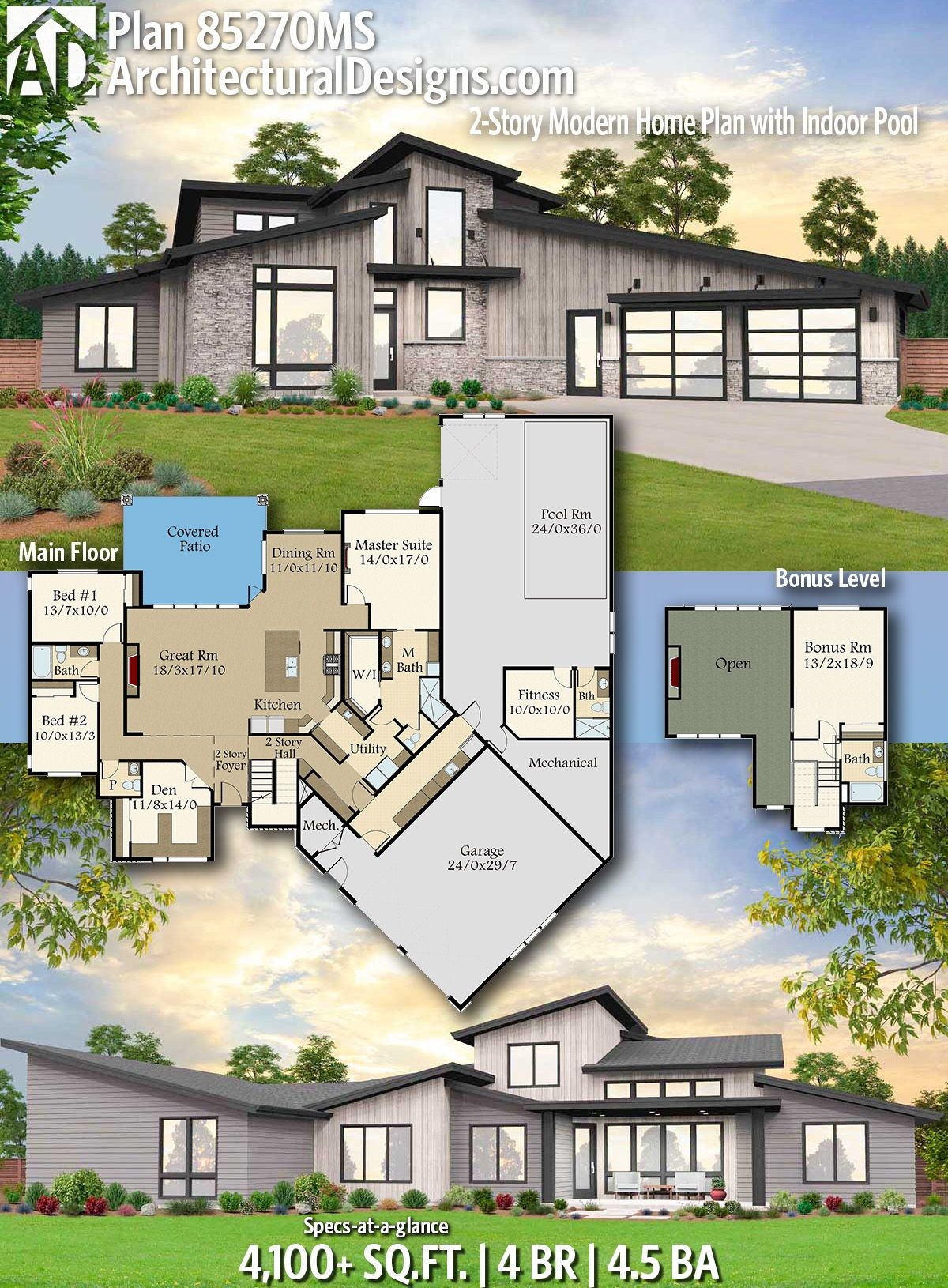 Plan 85270MS 2 Story Modern Home Plan With Indoor Pool Pool House