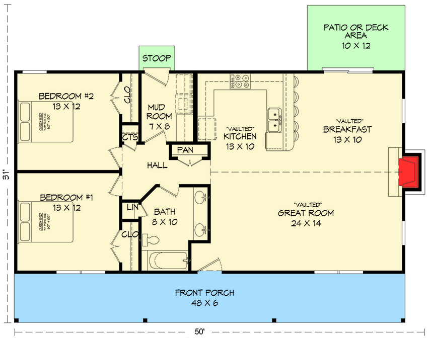 Ranch House Plan With Vaulted Ceilings 1200 Sq Ft 68419VR 