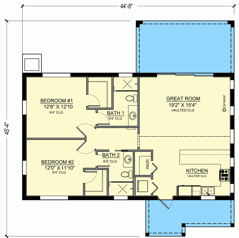 Rectangular 2 Bedroom Tiny Home Plan With 2 Outdoor Spaces 65719BS