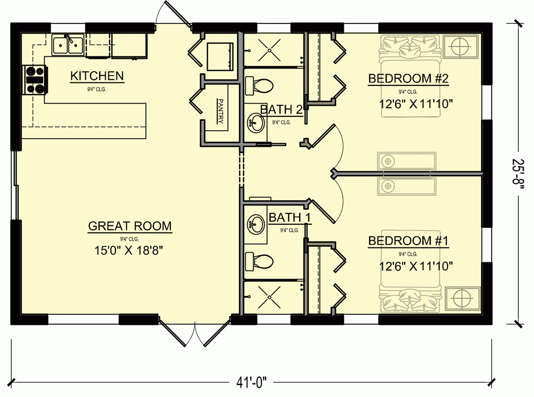 Rectangular Tiny Home Plan With 2 Bedrooms 65685BS Architectural