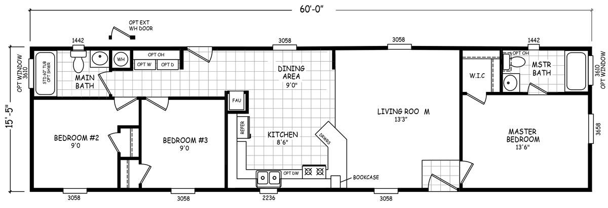 Ryan 16 X 60 925 Sqft Home Wide Floor Floor Plans Mobile Home