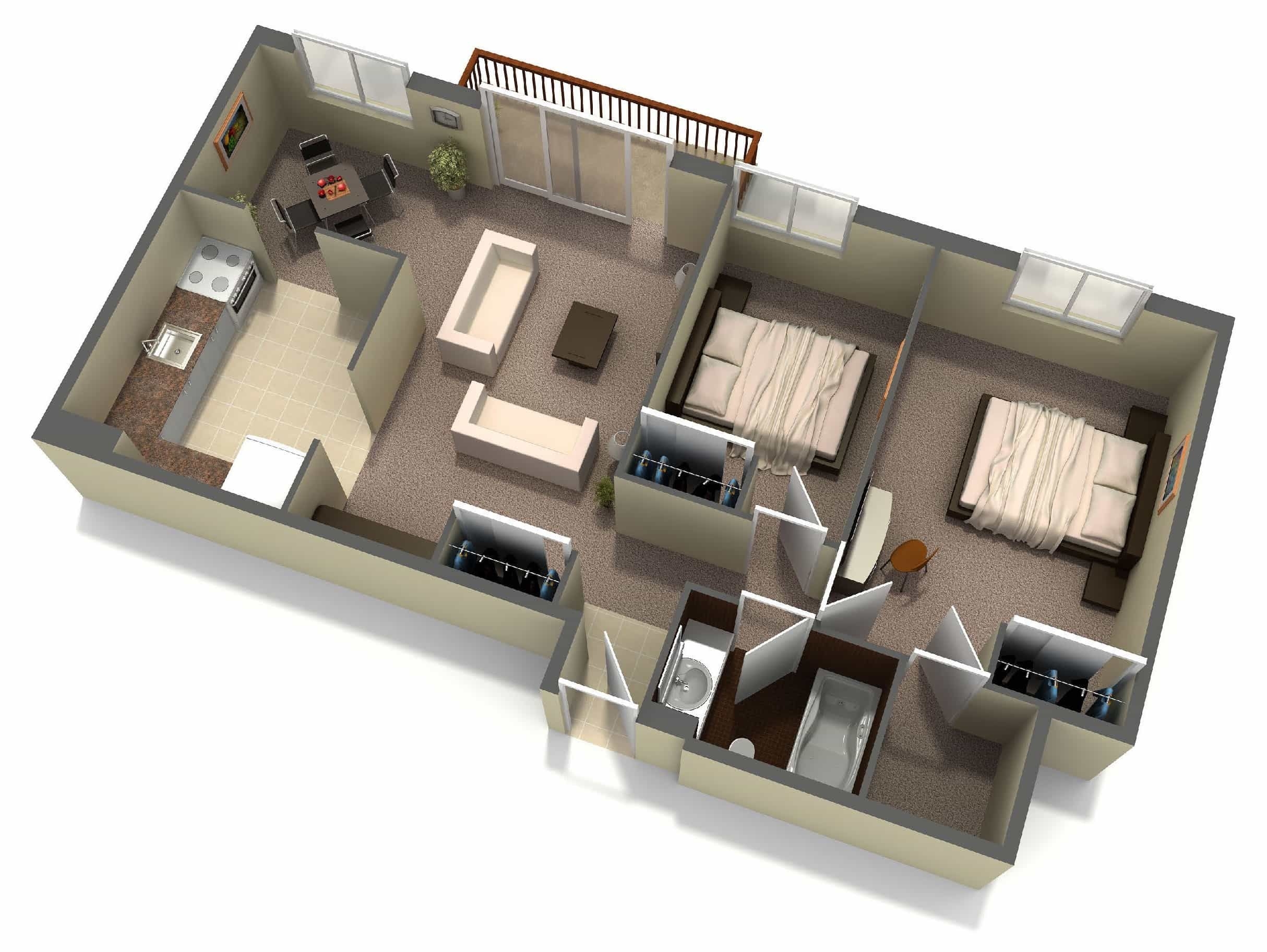 Showing Gallery Of 3D Two Bedroom House Layout Design Plans View 3 Of 