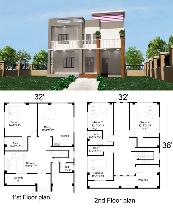 Simple 2 Storey House Design With Floor Plan 32 X40 4 Bed Room 2 