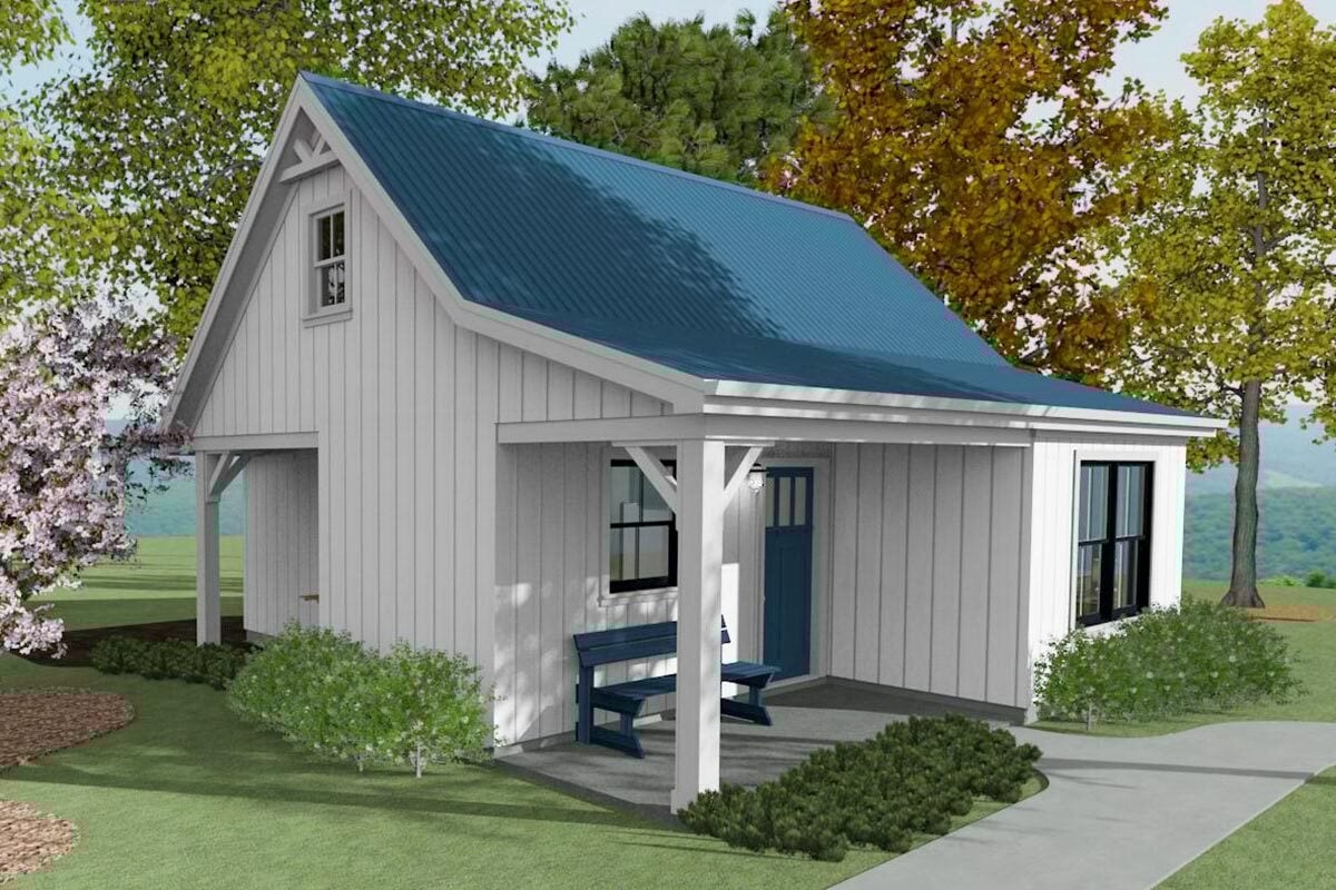 Single Story 1 Bedroom Country Home In 500 Square Foot Design House Plan 