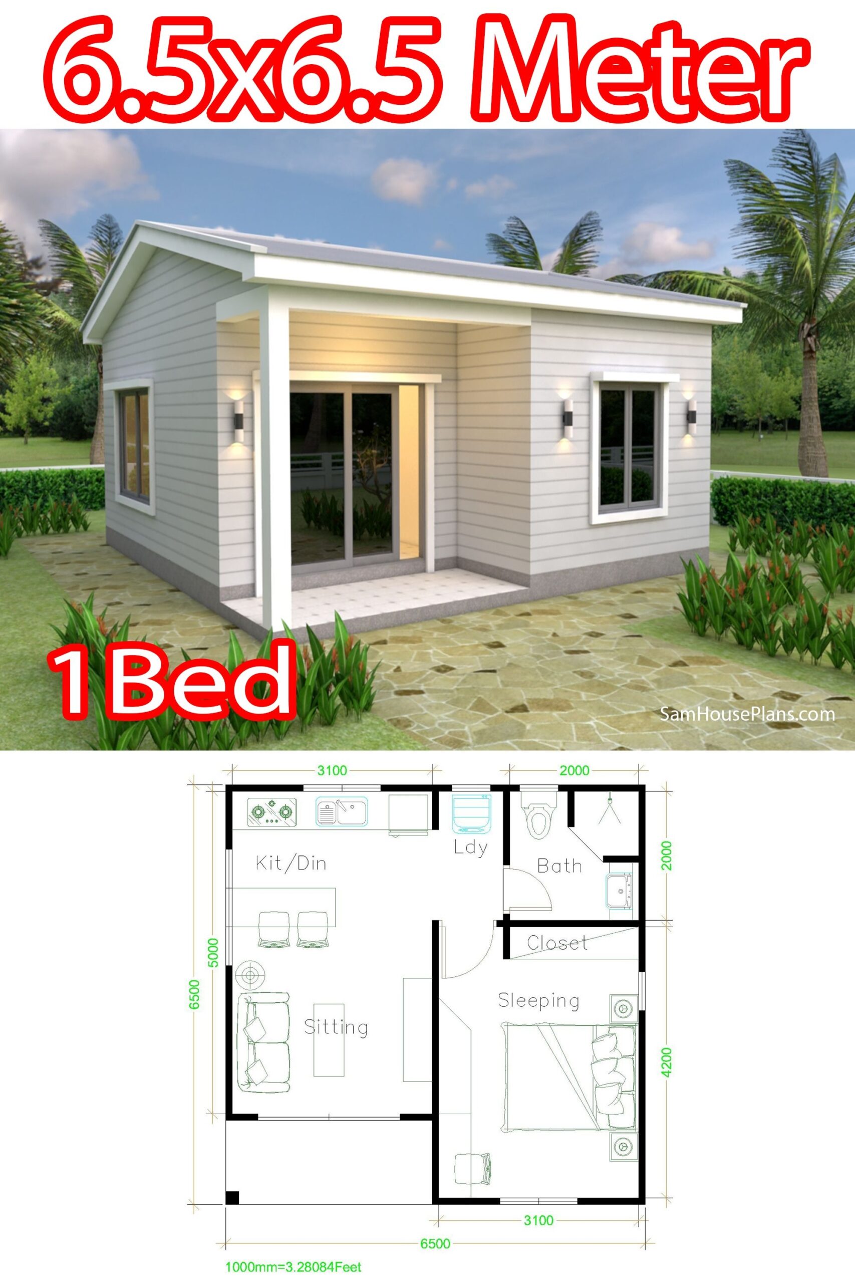 Small House Plans 21x21 Feet 6 5x6 5m One Bedroom Small House Layout 