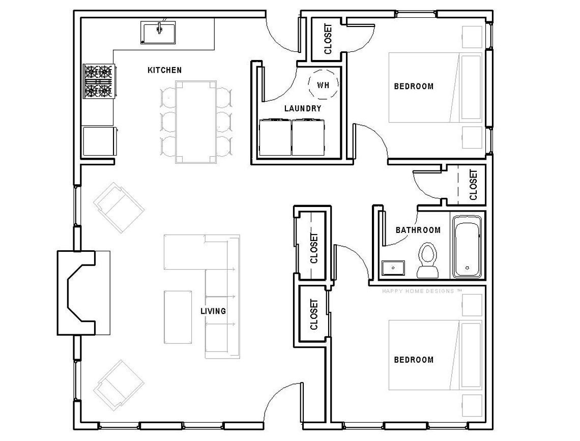 The Cottage 2 Bed 1 Bath 30 x30 Custom House Plans And Blueprints Etsy